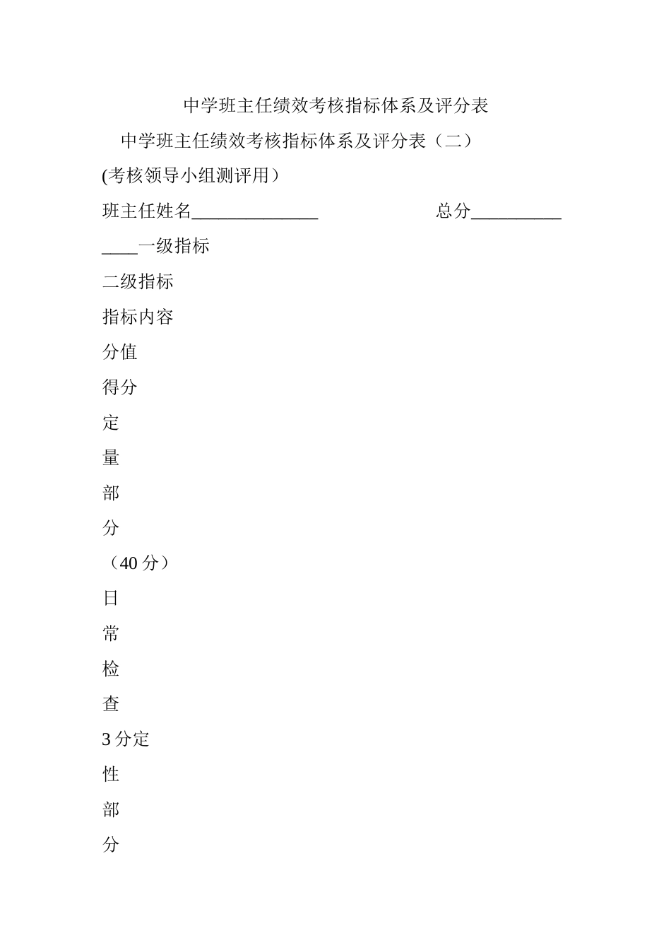 中学班主任绩效考核指标体系及评分表_第1页