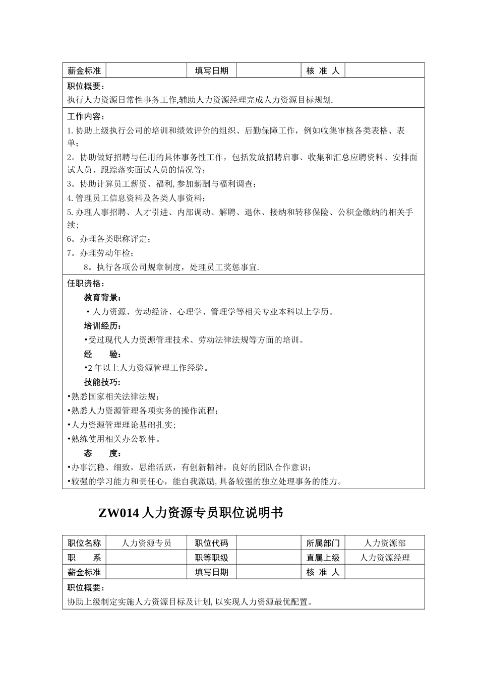 中小企业职位说明书范本-人力资源管理职位_第3页