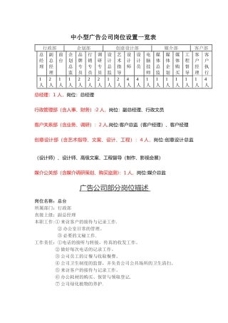 中小型广告公司岗位设置一览表