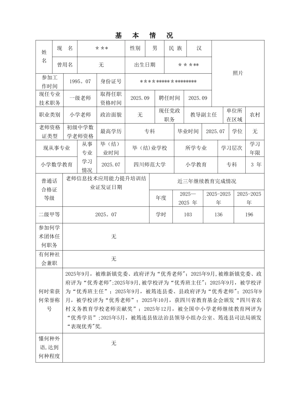 中小学教师专业技术职务任职资格评审表填写模板_第3页