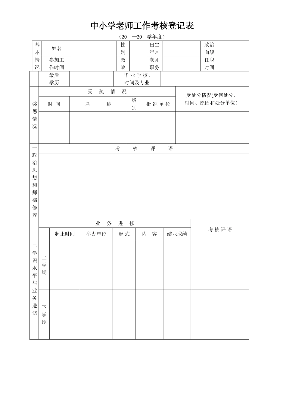 中小学教师工作考核登记表_第1页