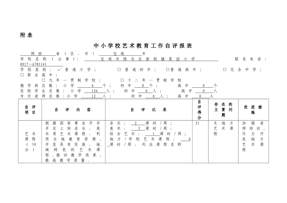 中小学校艺术教育工作自评报表_第1页