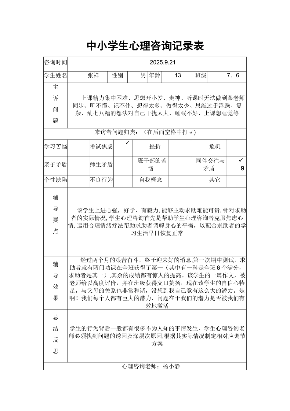 中小学生心理咨询记录表_第1页