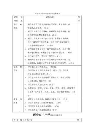 中小学课堂教学评价标准表
