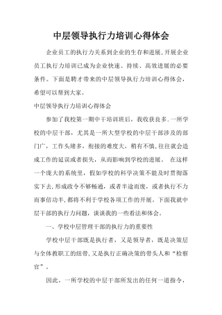 中层领导执行力培训心得体会