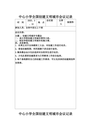 中心小学2025年全国创建文明城市会议记录