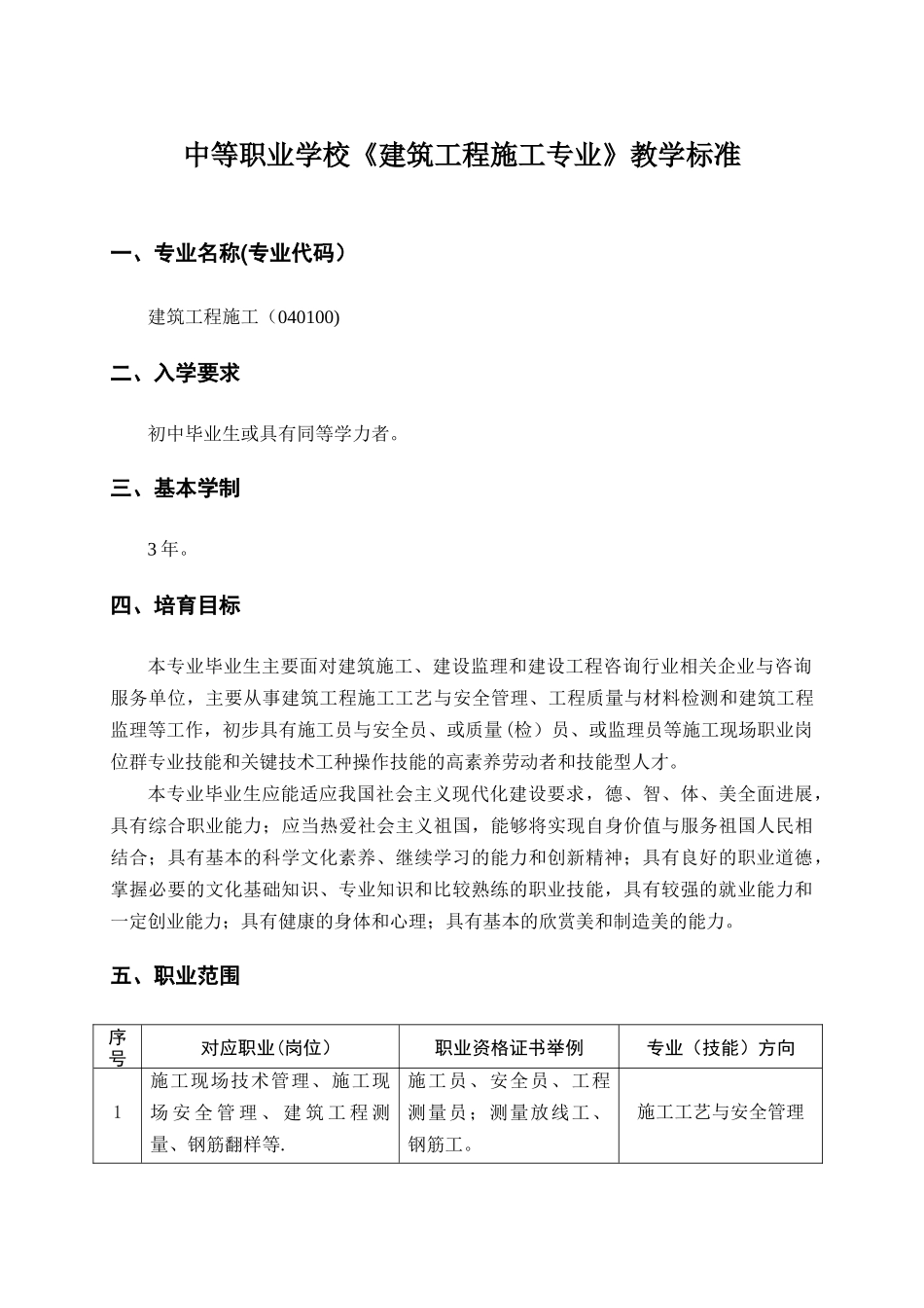 中等职业学校建筑工程施工专业教学标准_第1页