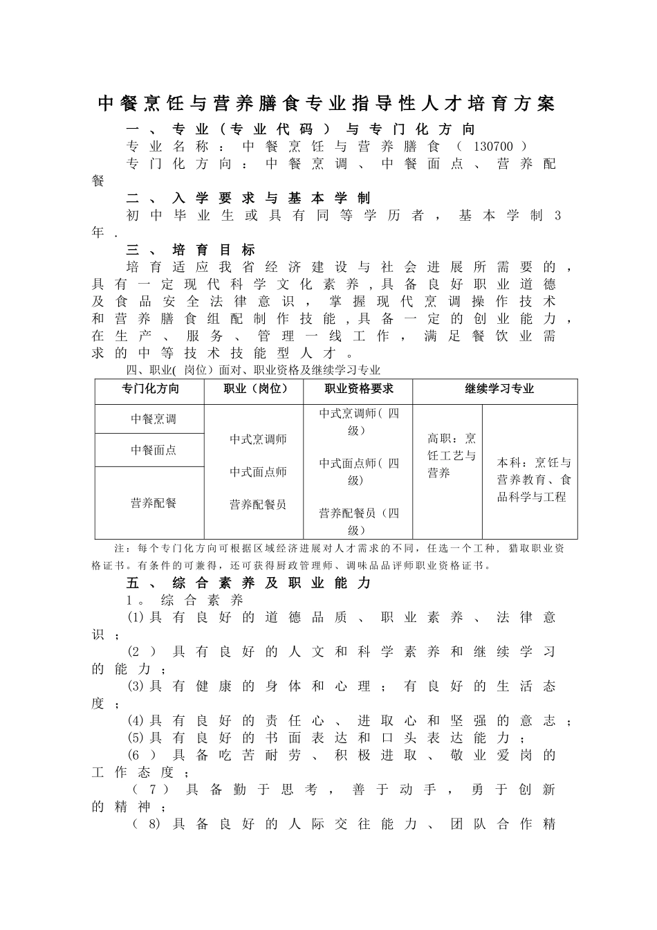 中等职业教育中餐烹饪专业指导性人才培养方案_第1页