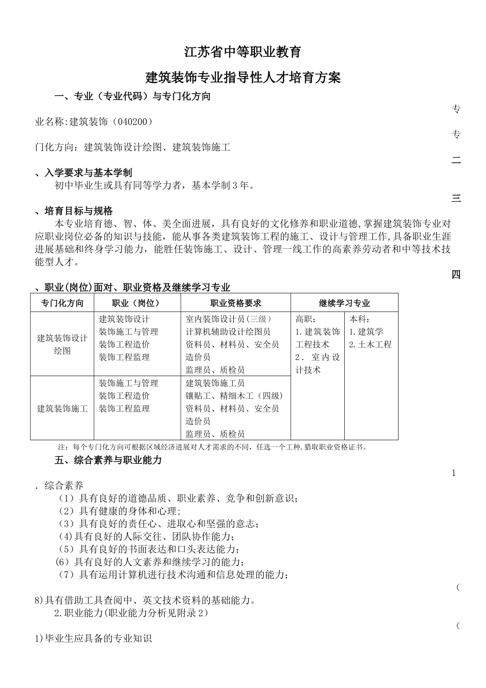 中等职业教育建筑装饰专业指导性人才培养方案_第1页