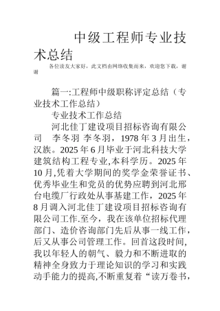 中级工程师专业技术总结