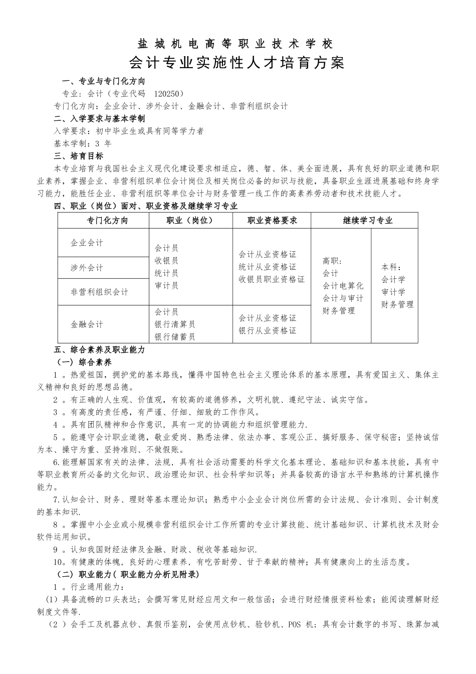 中职会计专业实施性人才培养方案_第1页