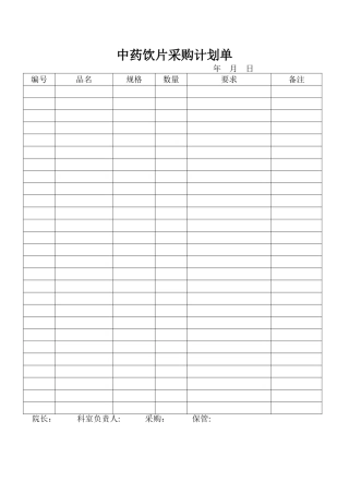 中药饮片采购计划单