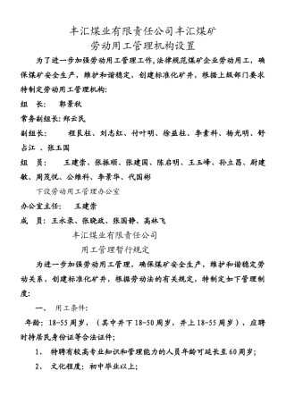 丰汇煤矿劳动用工管理机构设置