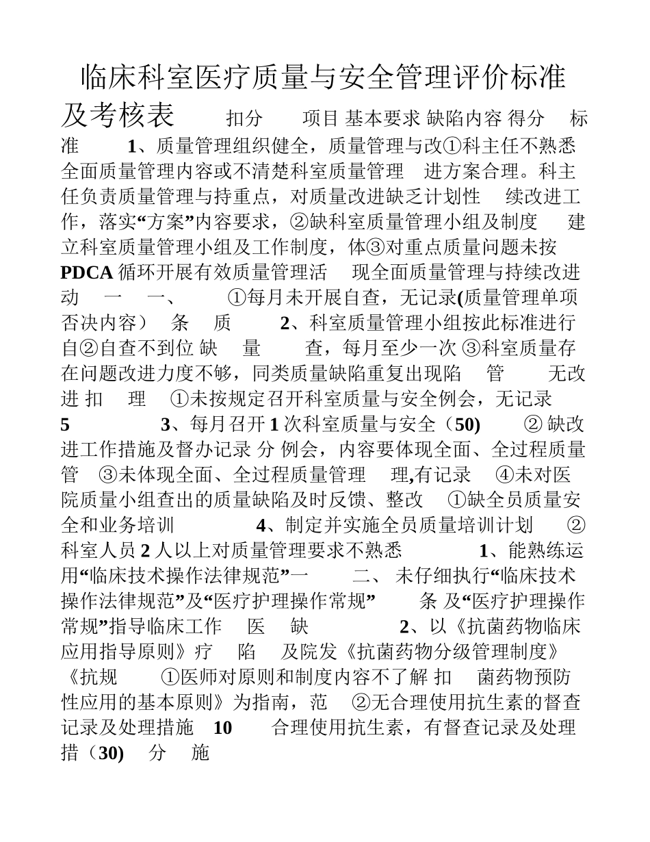 临床科室医疗质量与安全管理评价标准及考核表_第1页