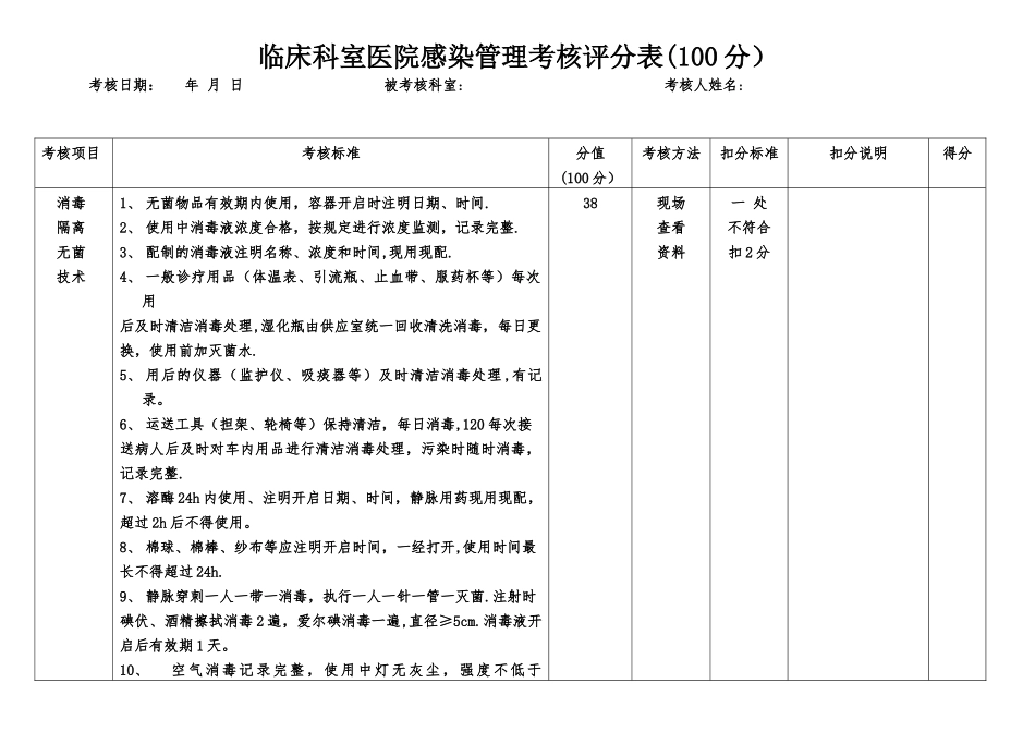 临床科室医院感染管理考核标准_第1页