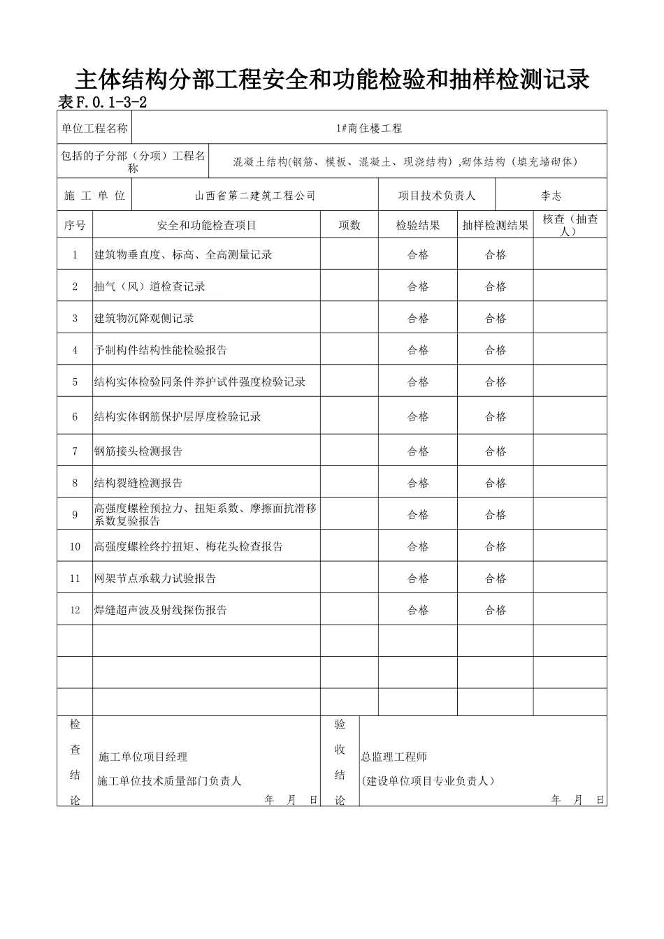 主体结构分部工程安全和功能检验和抽样检测记录_第1页