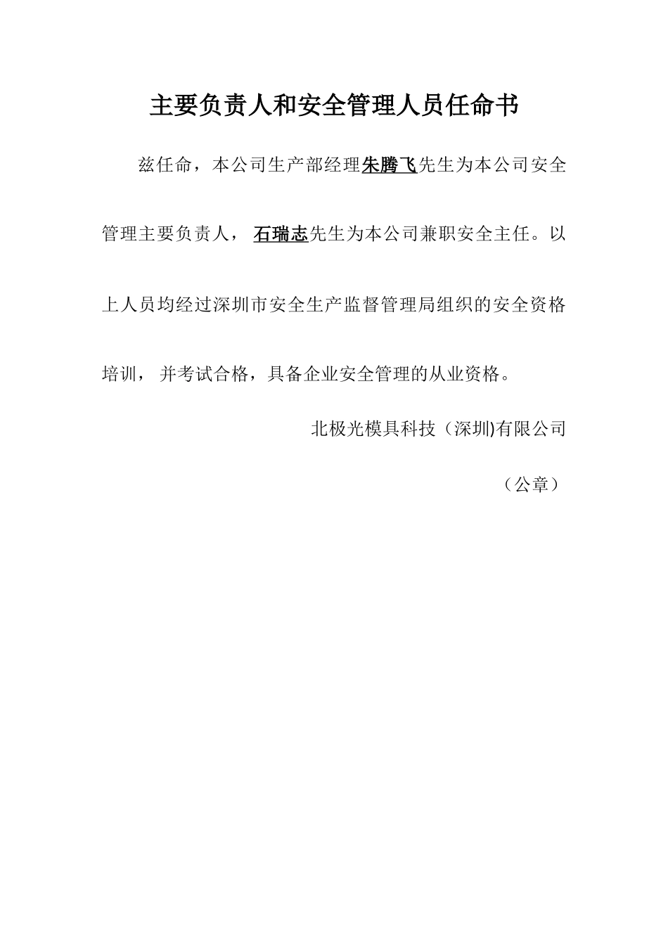主要负责人和安全管理人员任命书_第1页