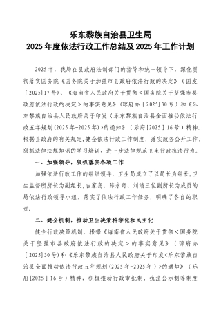 乐东黎族自治县卫生局2025年度依法行政工作总结