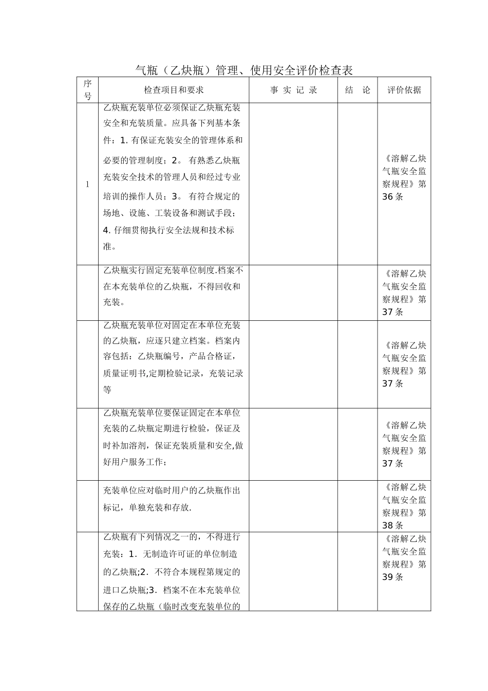乙炔气瓶使用管理安全检查表_第1页