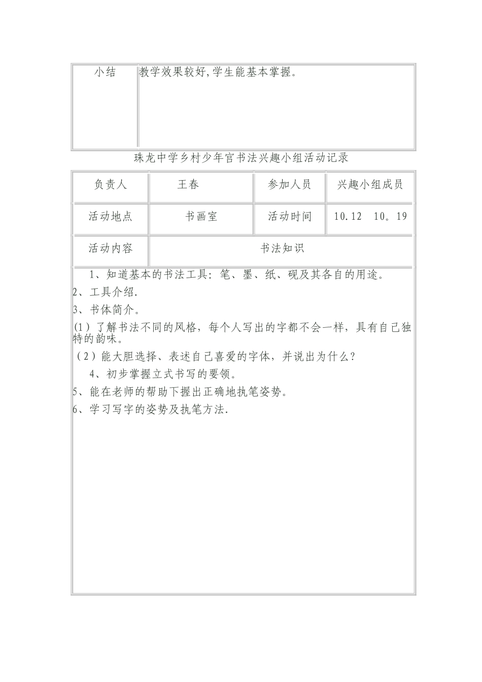 乡村少年宫书法兴趣小组活动记录_第2页