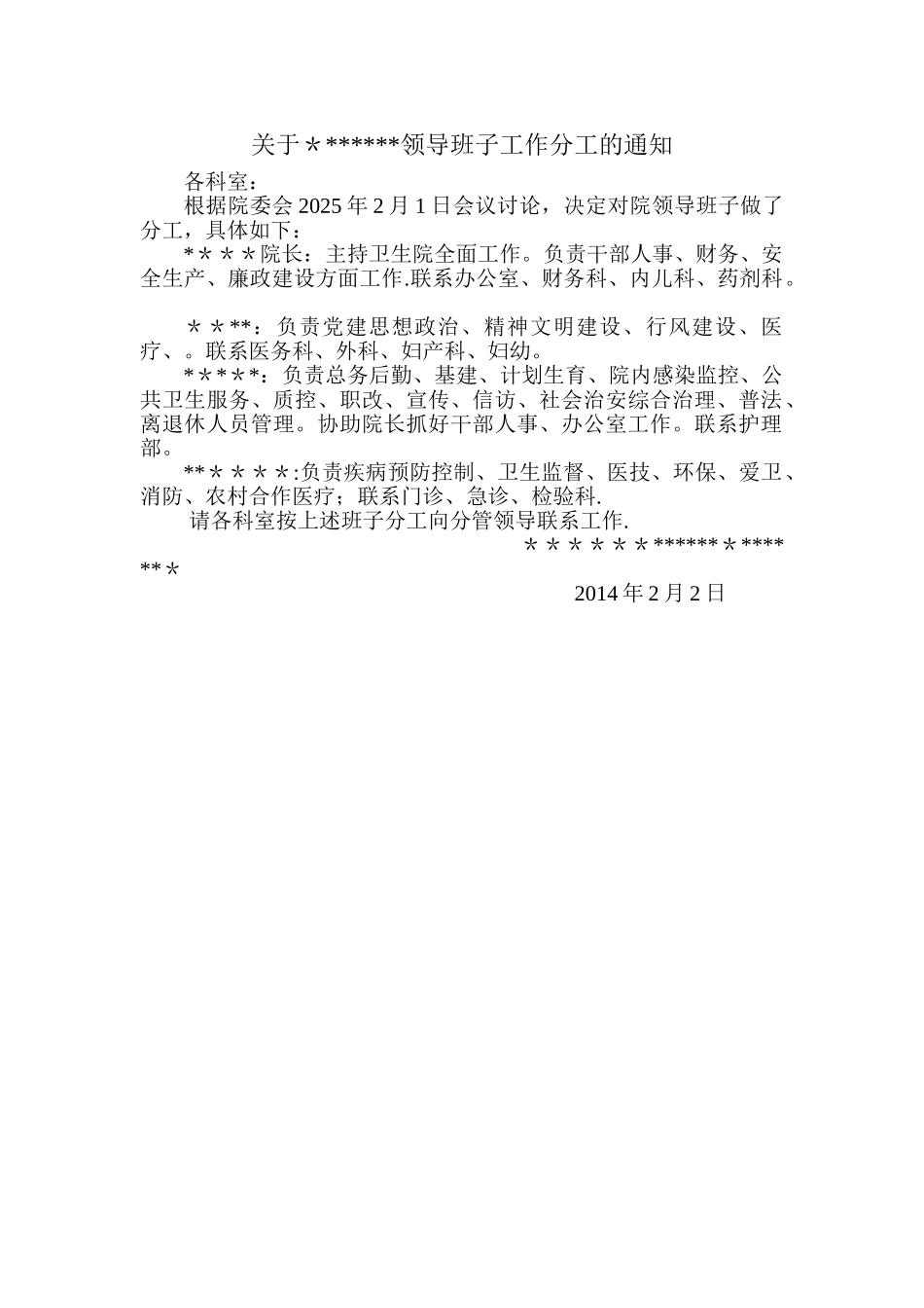 乡镇卫生院班子分工文件Doc1_第1页