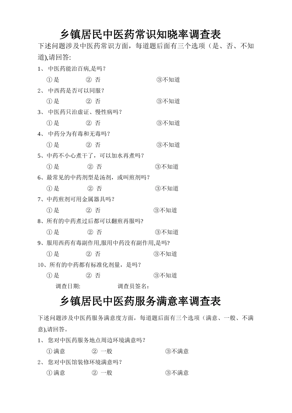 乡镇居民中医药常识知晓率调查表_第1页