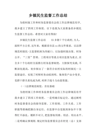 乡镇民生监督工作总结