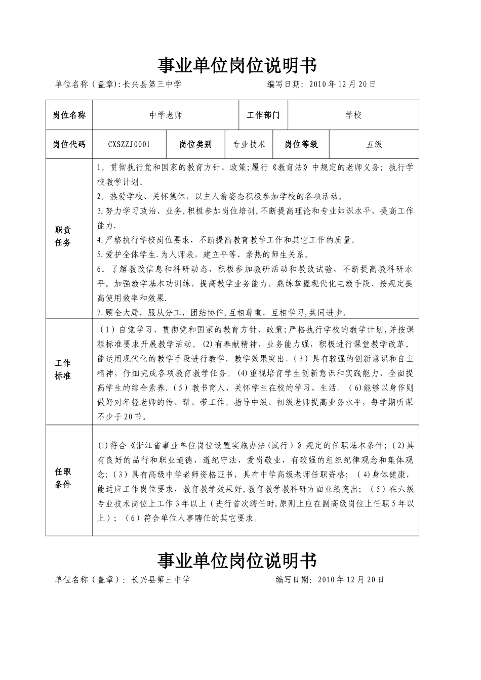 事业单位岗位说明书-长兴县太湖高级中学_第1页