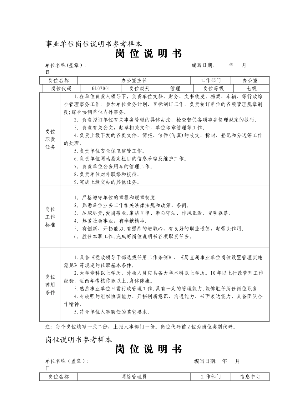 事业单位岗位说明书参考样本-_第1页