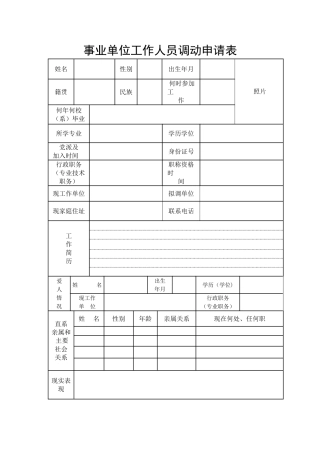 事业单位工作人员调动申请表
