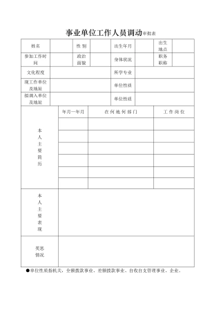 事业单位工作人员调动审批表