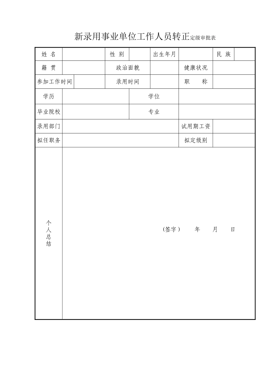 事业单位工作人员转正定级审批表17262_第1页