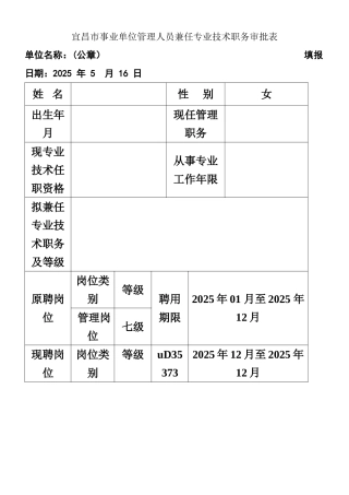 事业单位管理人员兼任专业技术职务审批表
