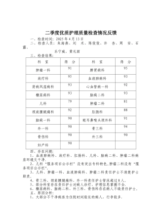 二季度优质护理质量检查反馈