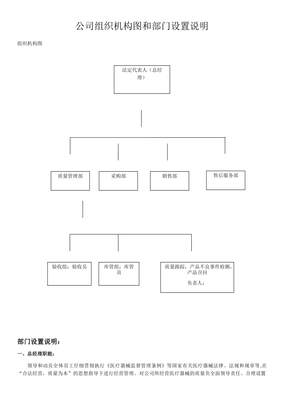 二类医疗器械备案组织机构图和部门设置说明_第1页