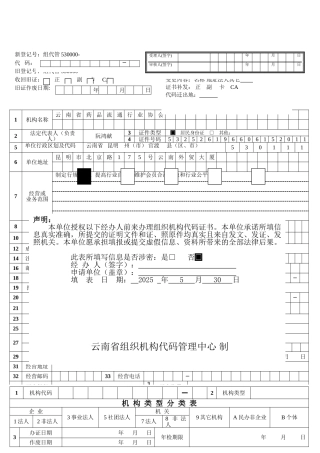 云南省组织机构代码证申报表20250312