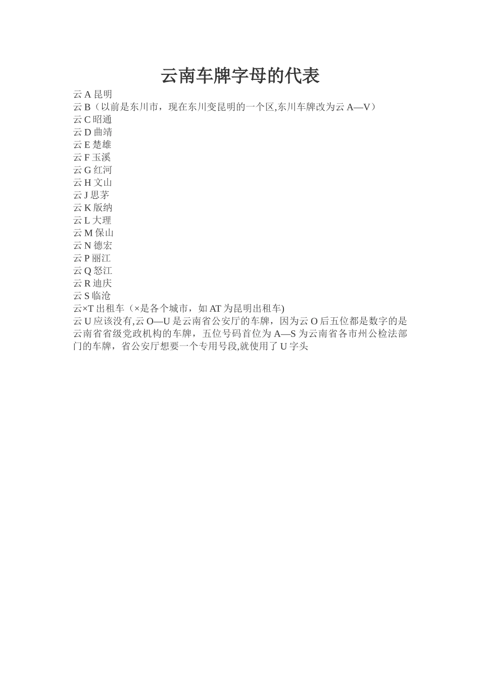 云南车牌字母的代表_第1页