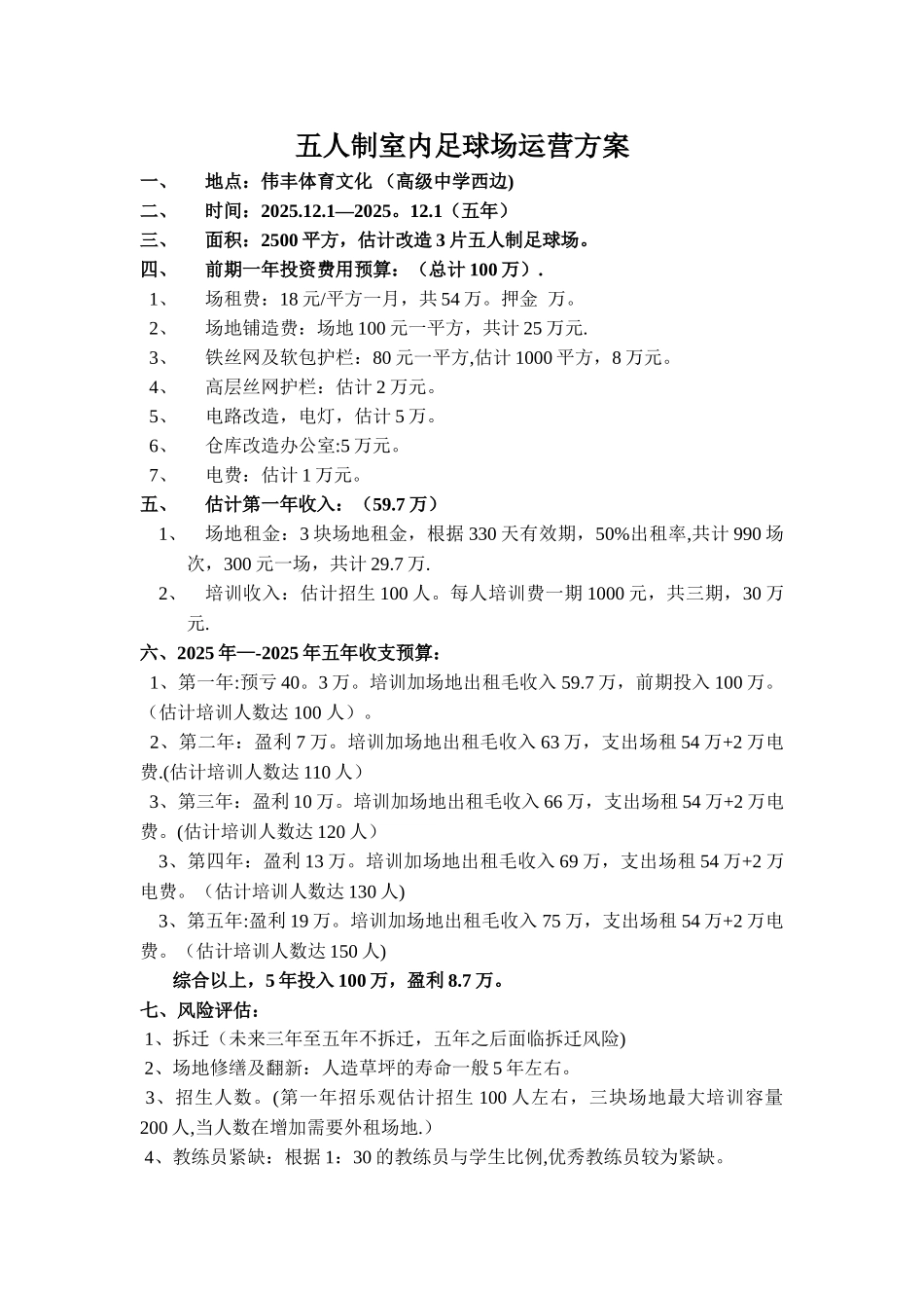 五人制足球场运营方案_第1页