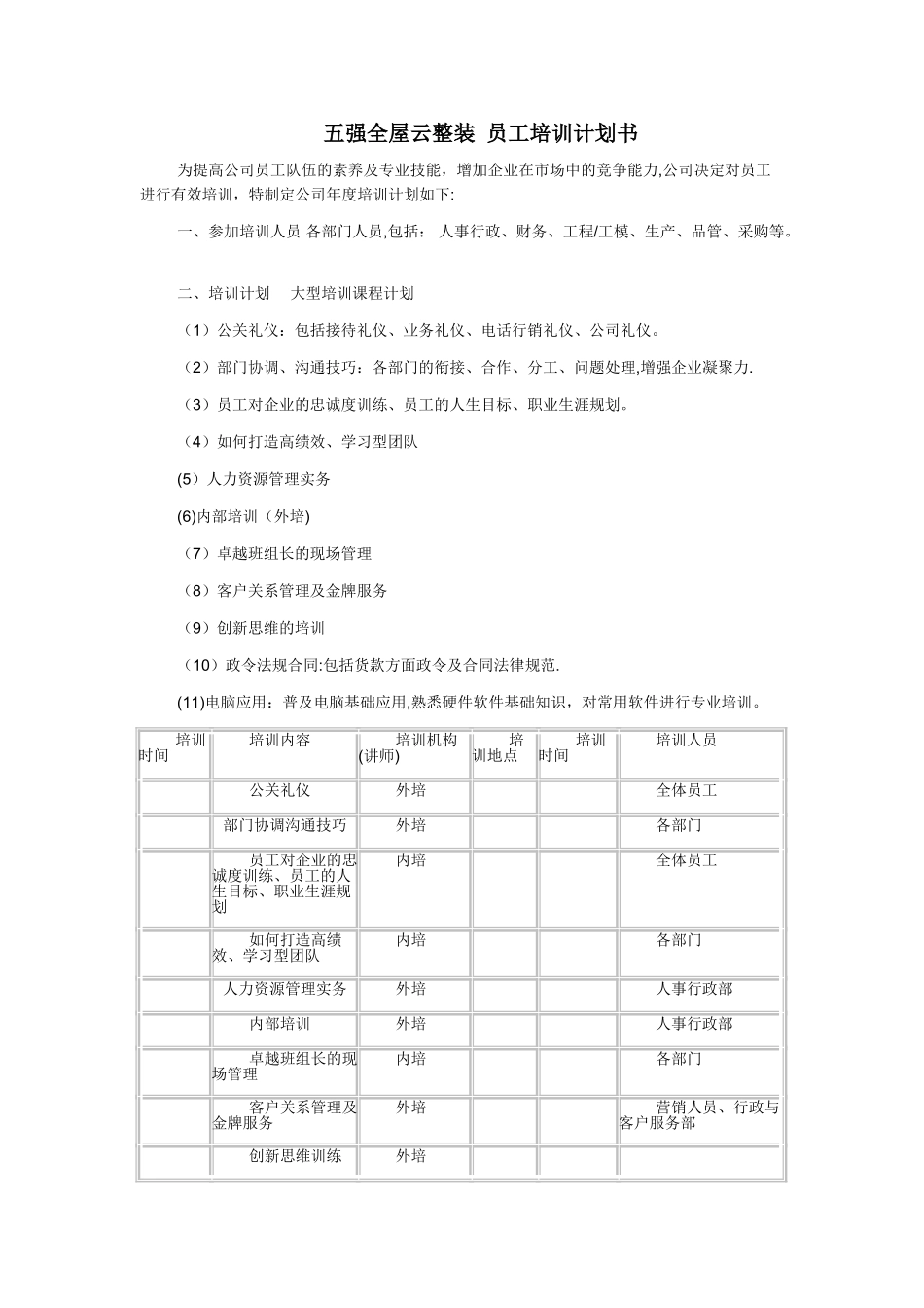 五强全屋云整装员工培训计划书_第1页