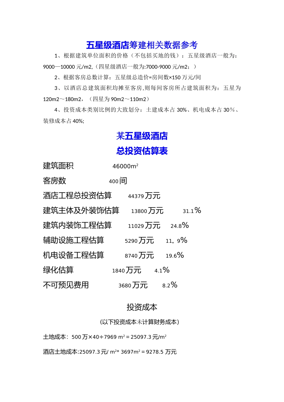 五星级酒店总投资估算表及其投资占比_第1页