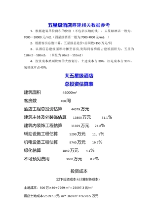 五星级酒店总投资估算表及其投资占比