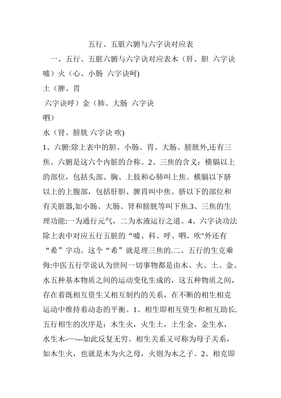 五行、五脏六腑与六字诀对应表_第1页