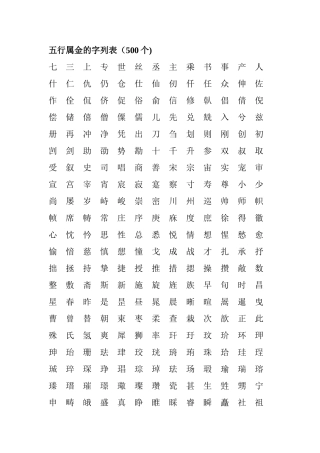 五行属金-木、水、火、土、的字列表各500个字