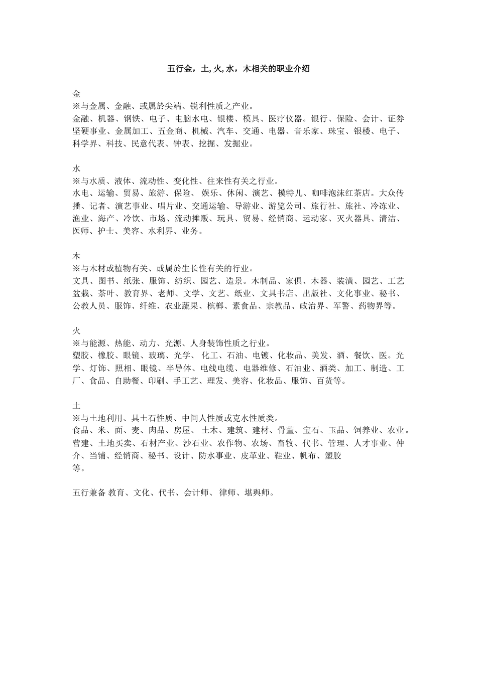 五行金-土-火-水-木相关的职业_第1页