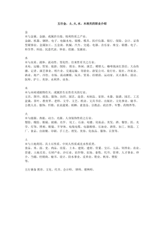 五行金-土-火-水-木相关的职业