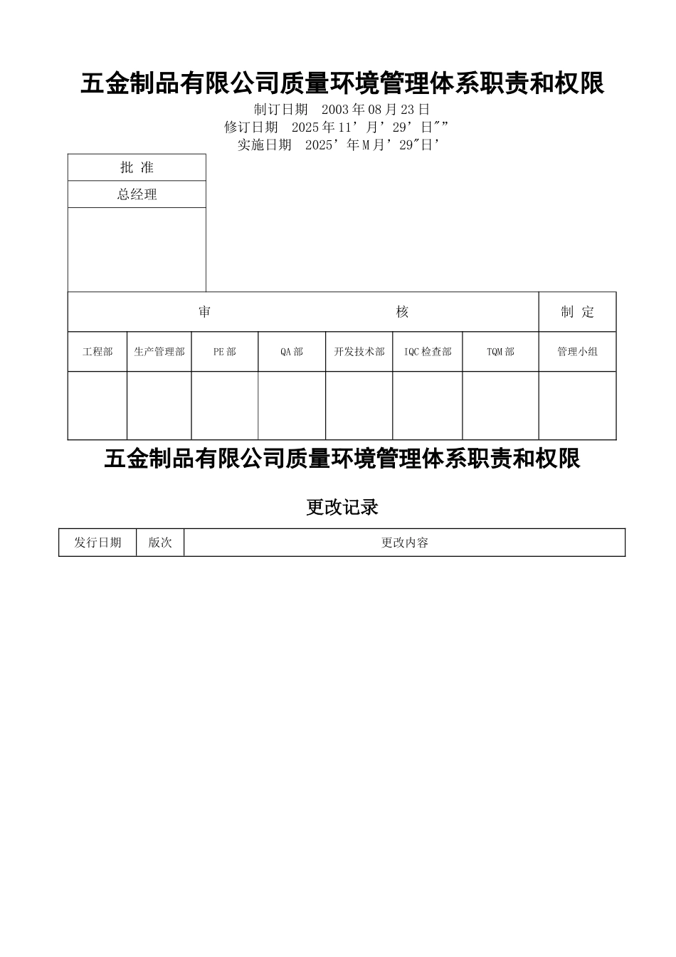 五金制品有限公司质量环境管理体系职责和权限_第1页