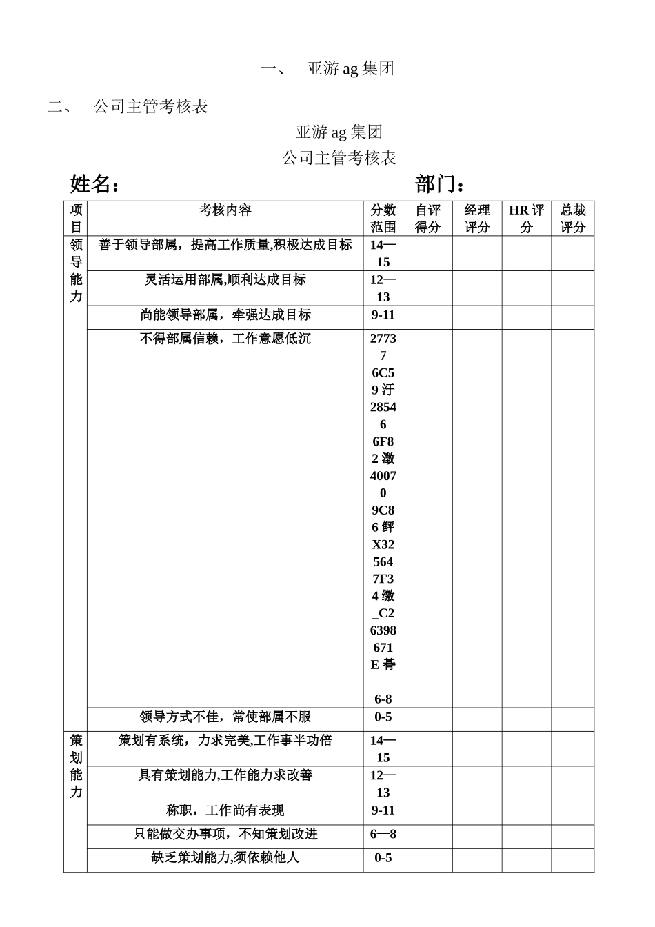 亚游ag集团公司主管考核表_第1页