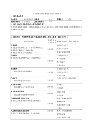 产品部部门副总经理岗位说明书