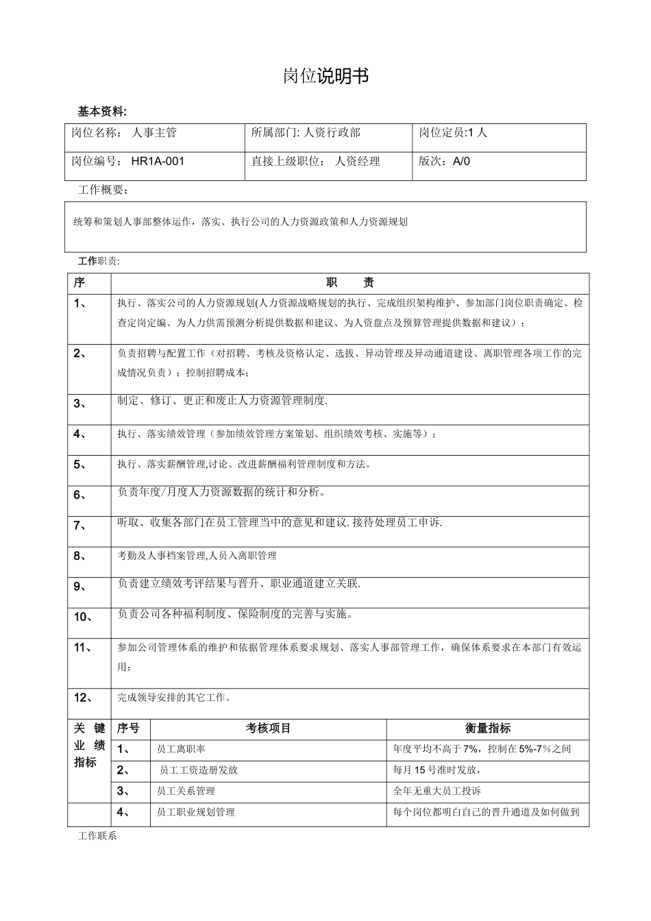 人事主管岗位说明书_第1页