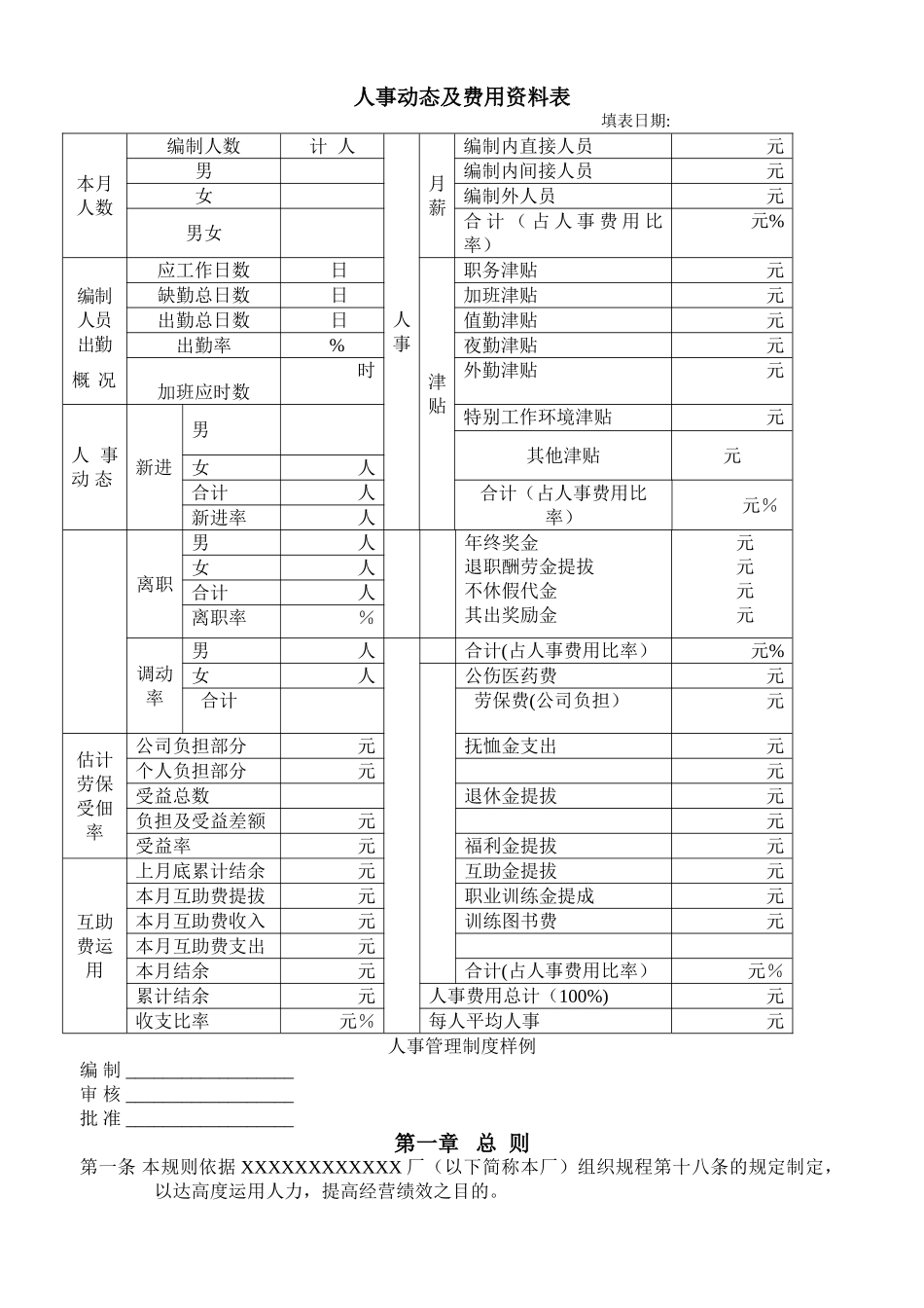 人事动态及费用资料表以及人事管理制度样例_第1页